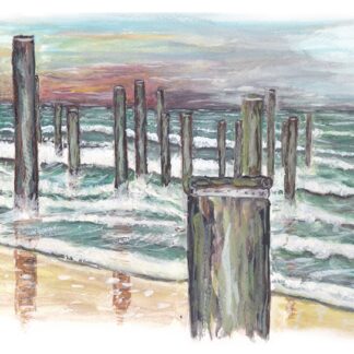 palendorp petten palen in zee shore sea beach strand poles seashore aquarel painting