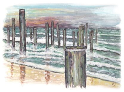 palendorp petten palen in zee shore sea beach strand poles seashore aquarel painting