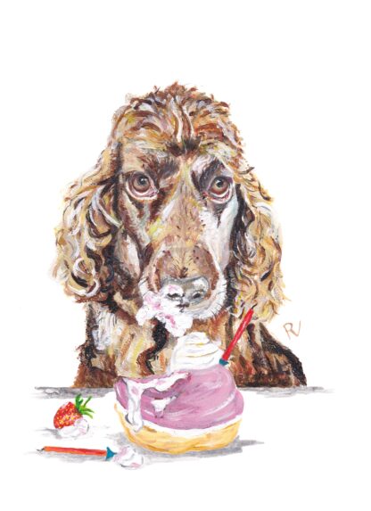 ansichtkaart postcard dog hond teckel verjaardag happy birthday cocker spaniel spaniël cake taart snoepen verjaardagskaart birthdaycard celebration