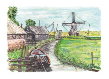 art print prent typisch hollands typical dutch nederlands nederland holland windmill molen vissen bootje boat fishing