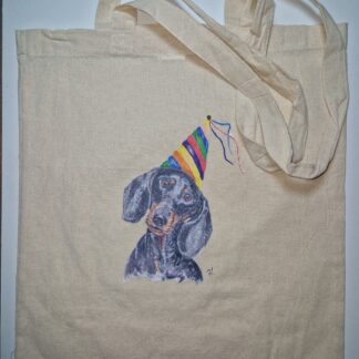 ansichtkaart postcard dog hond teckel verjaardag happy birthday teckel dachshund totebag linnen tas celebration