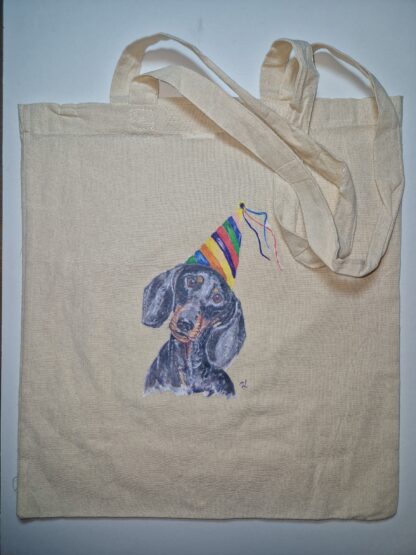 ansichtkaart postcard dog hond teckel verjaardag happy birthday teckel dachshund totebag linnen tas celebration