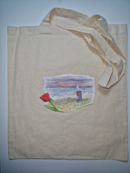 typical dutch zee sea shore kust seagull zeemeeuw toeristisch tourist toerist ansichtkaart tulpen tulip holland tote bag linnen tas