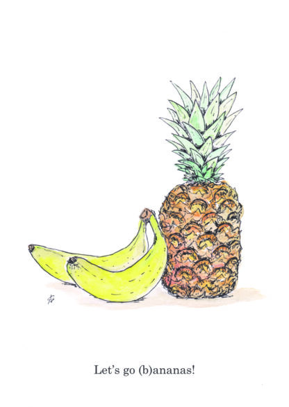 ansichtkaart postcard vegetable nice and fun drawing sweet dragonfly banana pineapple banaan ananas Let's go bananas party feesten