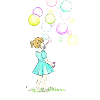 ansichtkaart postcard nice and fun drawing sweet la vie est belle het leven is mooi bellenblaas meisje little girl blowing bubbles